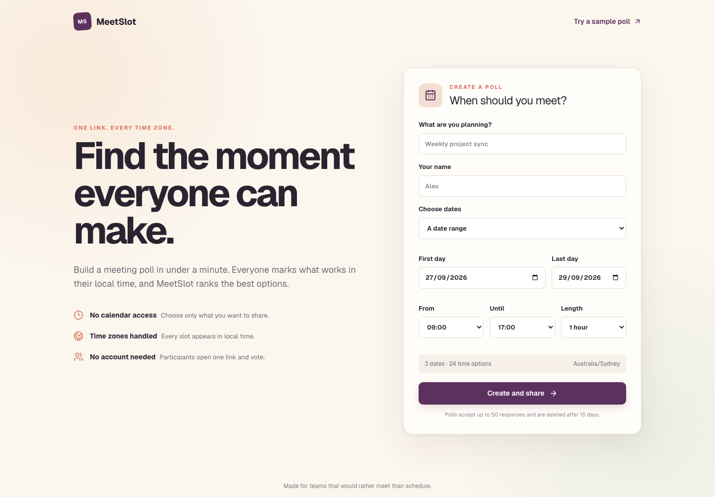 MeetSlot homepage with its meeting poll creation form
